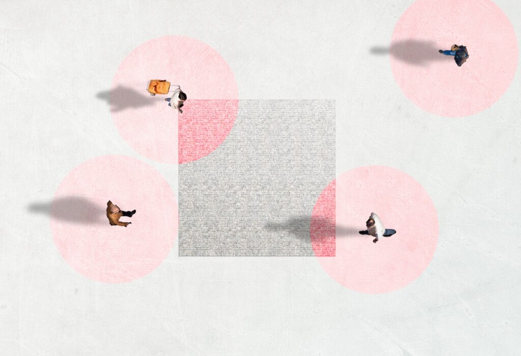 An aerial view of four people walking in different directions, with a graphic overlay of interlocking geometric shapes.
